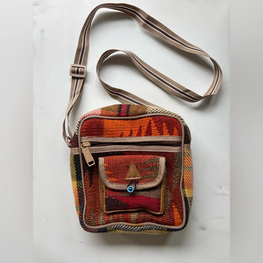 Unique Turkish Kilim Cross-Body Bag Colorful Geometric Pattern & Evil Eye Bead